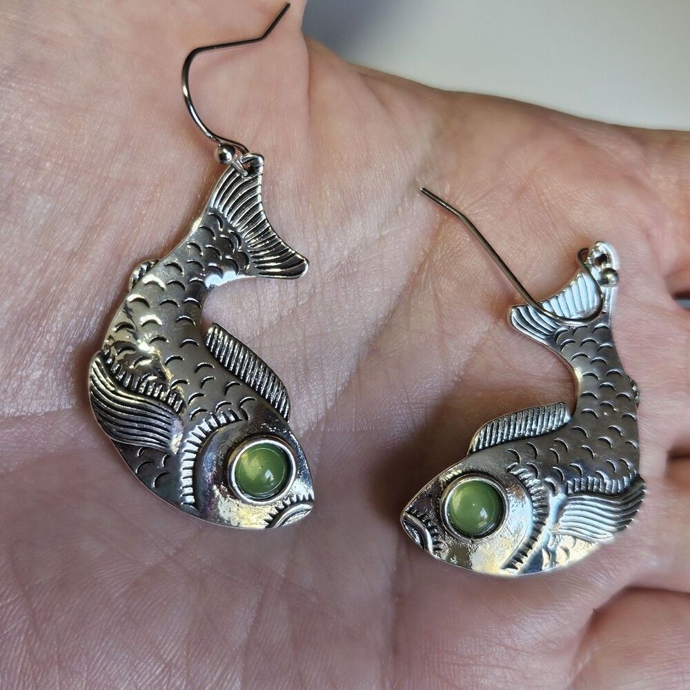 Silver Tone Dangling Fish With Green Eye Earrings